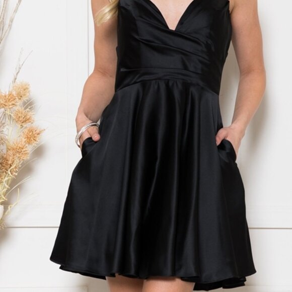 Black Prom Party Homecoming Short Satin A-Line Solid Dress Gown ACBZ013S - Picture 6 of 6